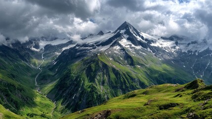 Dramatic clouds floating over a serene mountain valley with rolling hills and lush green forests, capturing the beauty of nature landscape under a moody sky for scenic travel, adventure, and wildernes