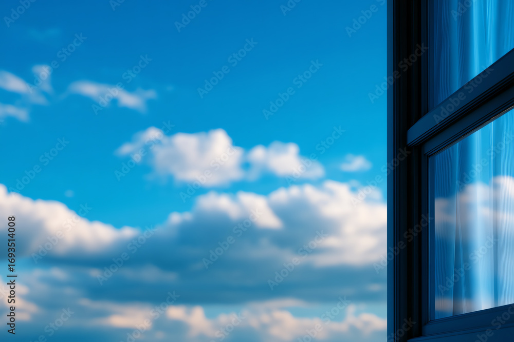 Aufkleber blue sky with scattered white clouds viewed through an open window reflecting the sky on its glass p