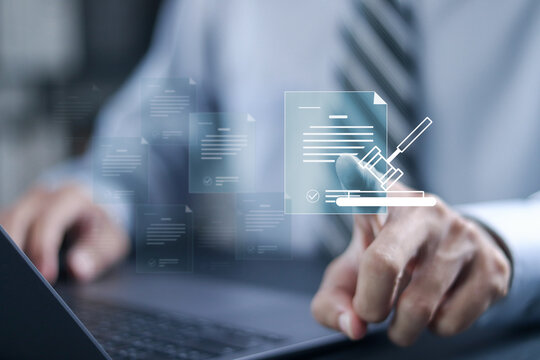 Compliance rules and law regulation policy concept. Enforcement of laws, regulations, and standards. Businessman use laptop with virtual icon.