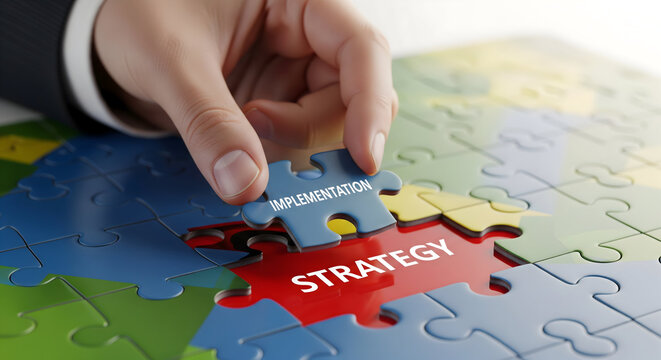 Strategic implementation puzzle piece connects to success, driving business goals forward with precision