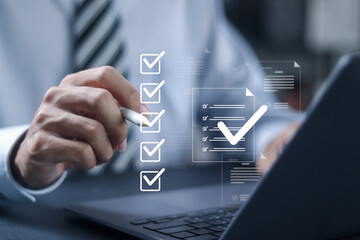Survey and assessment concept, businessman take an assessment online, checklist, task list for...