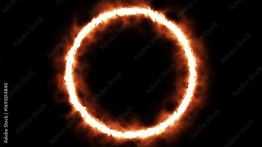 Poster a bright glowing orange and yellow fiery ring of flames burning intensely against a dark black backg
