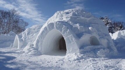 Traditional igloo snow house in winter arctic landscape with frozen ice blocks and white snow shelter under clear blue sky, capturing indigenous architecture and survival structure in cold polar envir