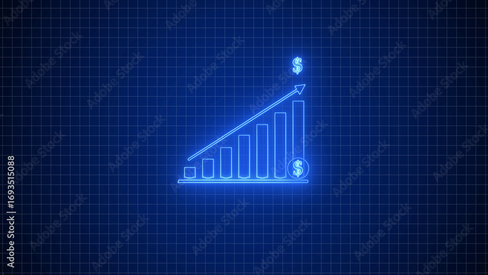 Poster abstract glowing blue bar graph chart with rising trend line on a dark grid background representing 
