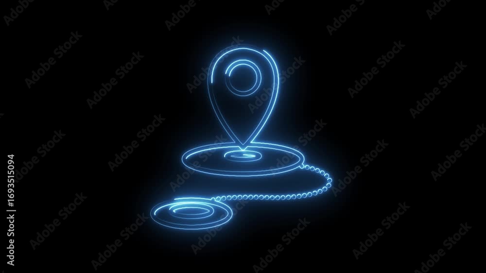 Poster Animated neon map pointer with route on dark background for gps technology