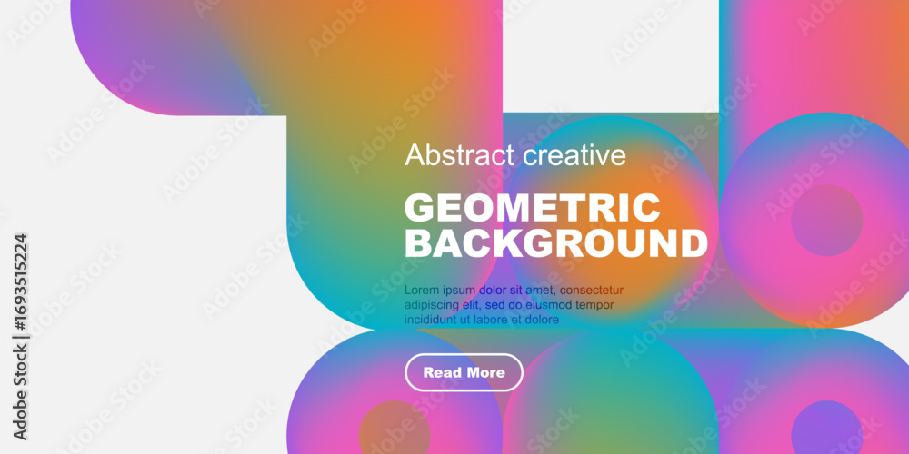 Poster vibrant geometric shapes overlap, creating colorful abstract background. text promotes creative desi