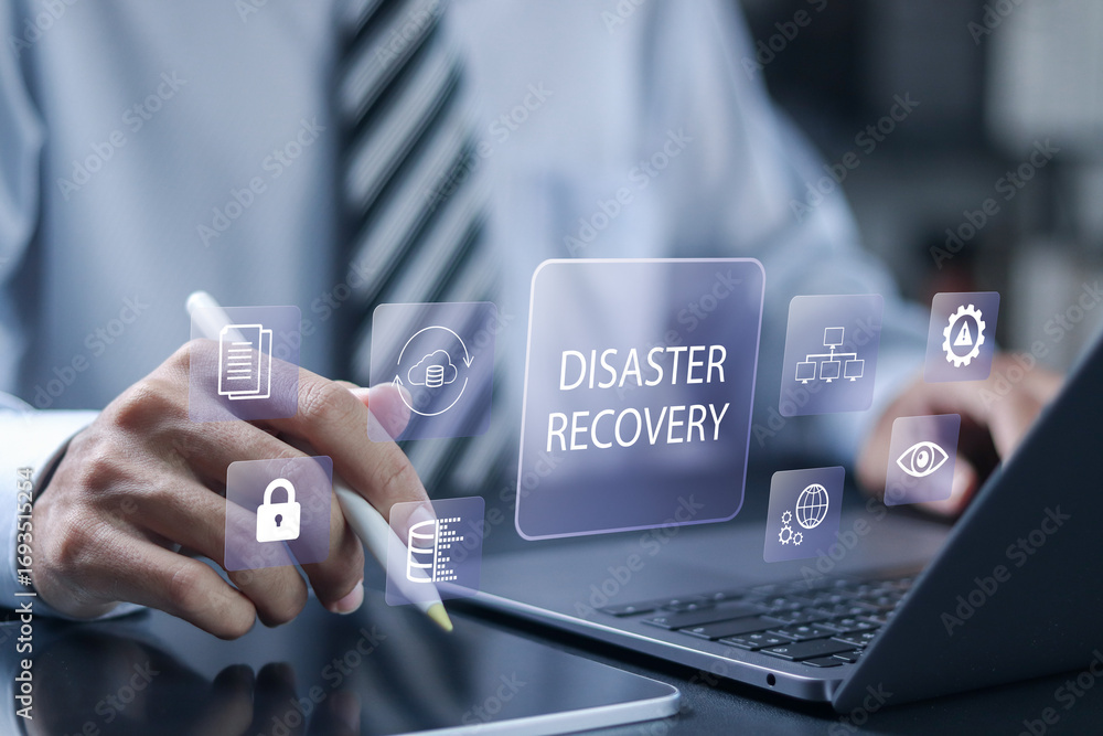 Poster disaster recovery concept. restoring critical systems and data. incident, backup site, procedures, p
