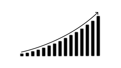 A simple black and white graphic illustration depicting a bar chart with an upward trending arrow showing growth and progress in business or finance