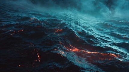 Fototapeta premium Deep blue ocean waves with glowing cracks beneath the surface, hinting at volcanic activity.