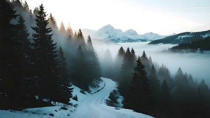 A winding snowy road cuts through a misty evergreen forest with majestic snowcapped mountains in the background under a soft, hazy sky