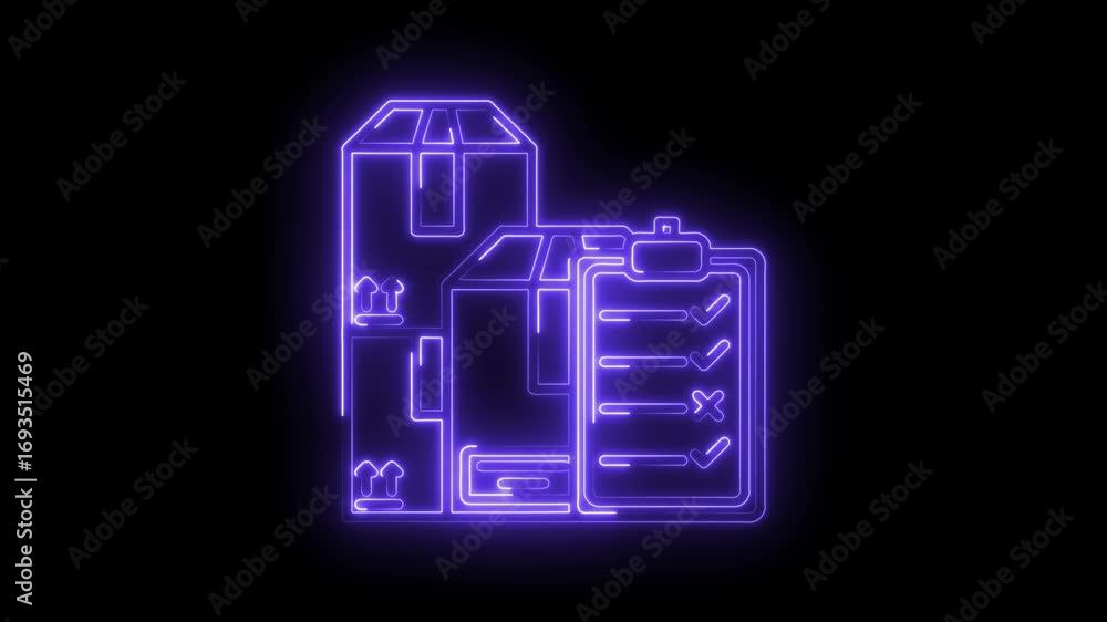 Poster glowing neon outline of boxes and checklist for deliveries with quality control process