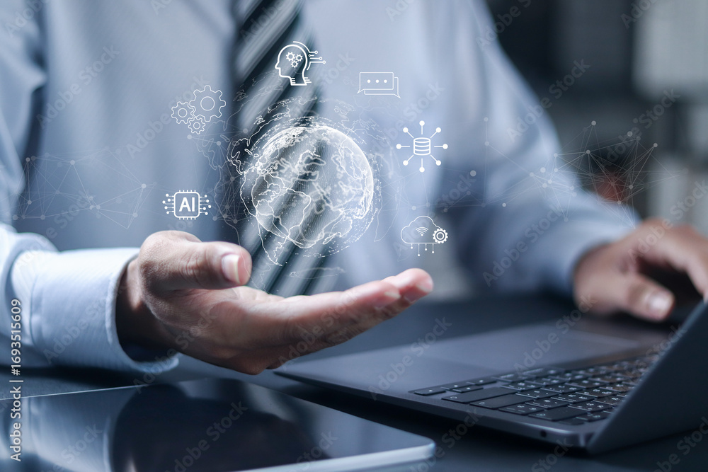 Poster digital transformation concept, data flow and smart technology. big data, artificial intelligence ai