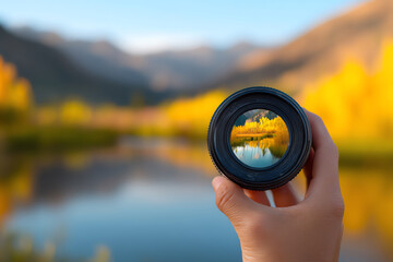 A hand holds a camera lens focusing on a vibrant autumn landscape with yellow trees and a calm river, highlighting the contrast between sharp and blurred scenery