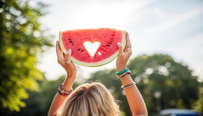 Woman holding slice of watermelon with heart shape cut out in summer