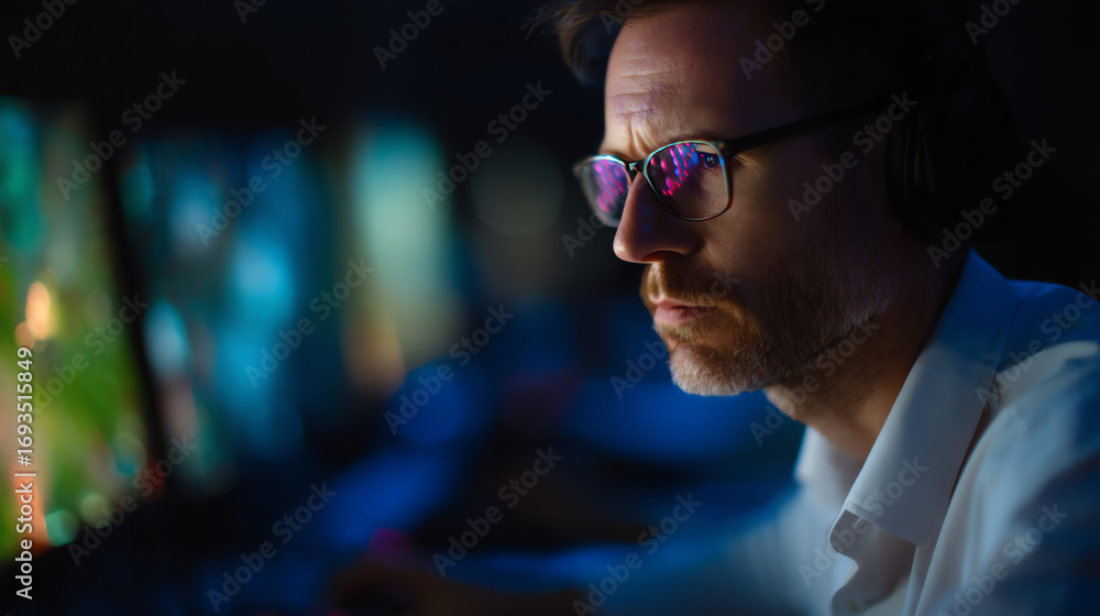 Aufkleber man with glasses focused on multiple screens in a dark room, illuminated by colorful digital light r