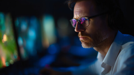 Man with glasses focused on multiple screens in a dark room, illuminated by colorful digital light reflections, suggesting intense concentration or work on technology