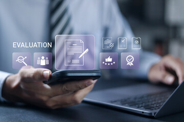 Evaluation concept. Strategic analysis, evaluate cost and quality indicators. Assessment, analysis, performance, improvement, results and feedback. Businessman with virtual icon.