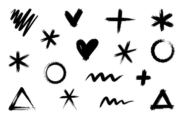 Black Brush Stroke Geometric Shapes and Symbols on White Background