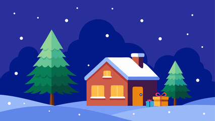 Fototapeta premium Winter scene with house and christmas trees