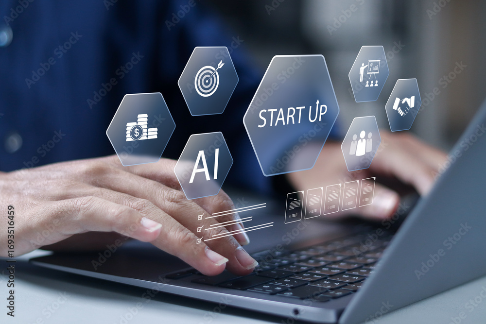 Poster startup business concept. business management, project development and working with artificial intel