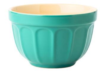 Ceramic mixing bowl in teal with cream interior and gloss glaze isolated on a transparent background