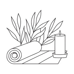 Line Art Illustration of a Rolled Spa Towel with Bamboo Leaves and a Burning Candle Keywords: spa, wellness, relaxation, massage, yoga, meditation, self-care, tranquility, peace, calm, health