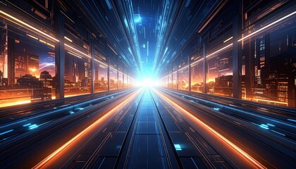 Futuristic cityscape tunnel, vibrant with dynamic light streaks, showcasing a technologically advanced urban environment.