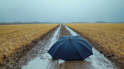 A lone umbrella resting on a muddy path between fields under a moody sky