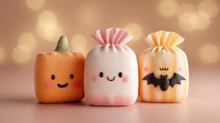 Cute Halloween themed wrapped candies with smiling faces, including pumpkin, ghost, and bat design, on soft pink background