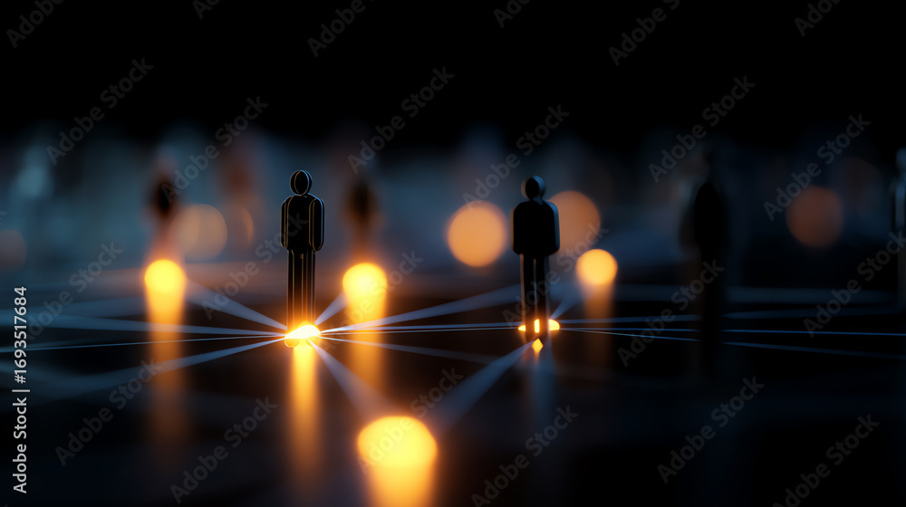 Poster abstract network of illuminated human figures connected by lines, symbolizing digital communication 