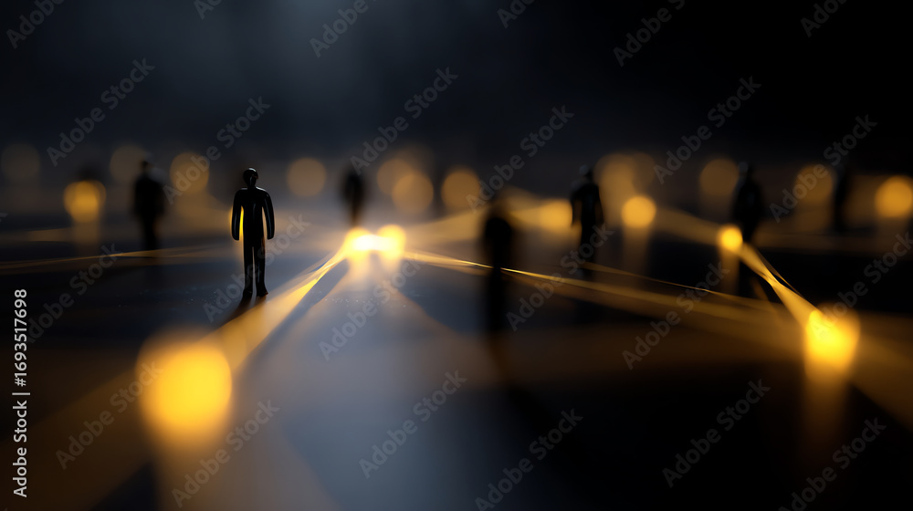 Poster dark scene with silhouetted figures connected by glowing golden lines, symbolizing digital connectio