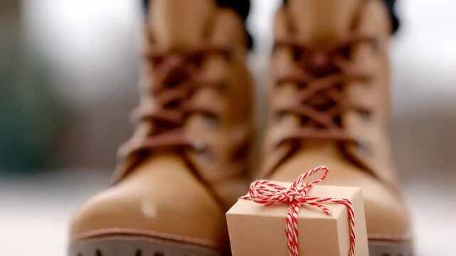 Small gift box with red twine sits on snow near boots