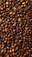 Aerial View of Thousands Brown Coffee Beans, Full Frame Composition, Natural Textured Background for Packaging Design, Food Industry Advertising