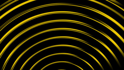 Abstract yellow neon rings with glowing circular waves on futuristic black background