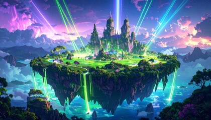 Floating island kingdom bathed in vibrant light beams