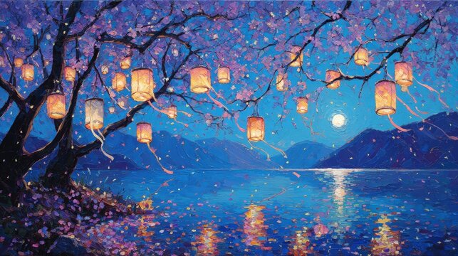 Nighttime Cherry Blossom Landscape with Lanterns and Moonlight