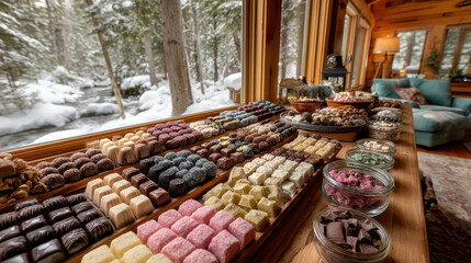 Cozy cabin interior with large assortment of colorful candies and chocolates displayed on wooden table, set against snowy forest backdrop