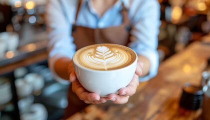 Close-up of barista hand holding a cup of latte with beautiful leaf latte art, cozy café background