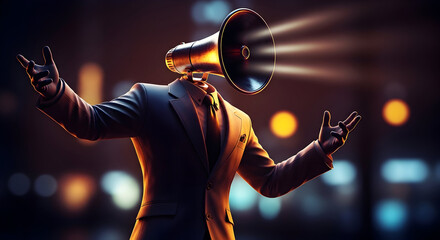 Dynamic businessman with speaker head announces important news with dramatic flair