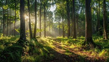 Obraz premium Sunlight streams through a dense forest, illuminating the lush greenery and creating a tranquil ambiance.