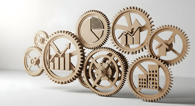 Wooden gears with financial charts and building icons symbolizing business growth and success