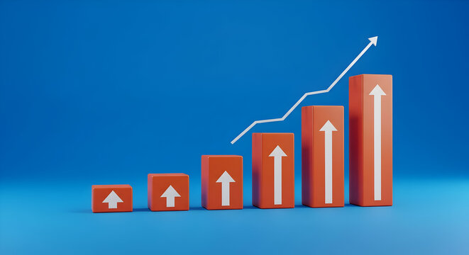 Dynamic 3D bar chart with ascending line graph and upward arrows symbolizing growth and success