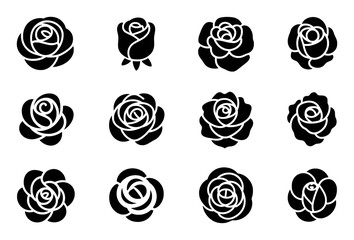 Collection of Black and White Rose Icons, Vector Graphics