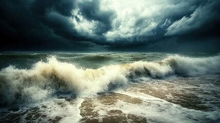 Obraz premium Dramatic seascapes captures powerful storm waves beneath brooding clouds over the ocean
