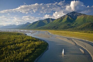 Aerial View Of Alaskan River Winding Through Mountains