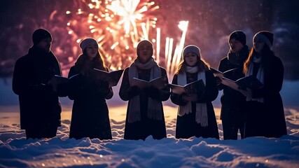 Silhouetted choir singing carols in winter wonderland with snowy ground and bright background - Powered by Adobe