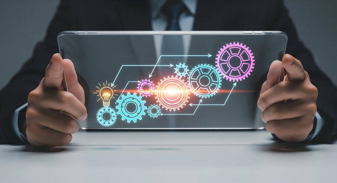 Innovative business strategist visualizing workflow and idea generation with digital gears on tablet
