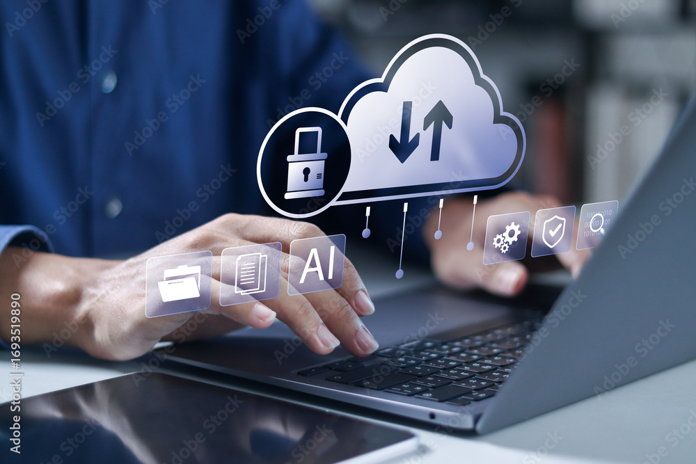 Poster cloud security with ai technology concept. database security, online cloud computing, data center, w