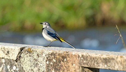 Grey bird on stone wall near water