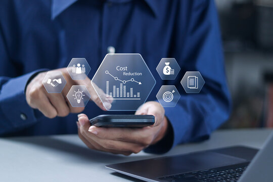 Cost reduction business finance concept. Budget management and cost management. Costs cut, and costs optimization business. Businessman with virtual icon.